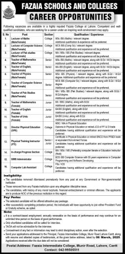 Fazaia Inter College jobs Lahore