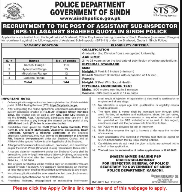 Asi jobs in sindh police job (Shaheed Quota) 2025