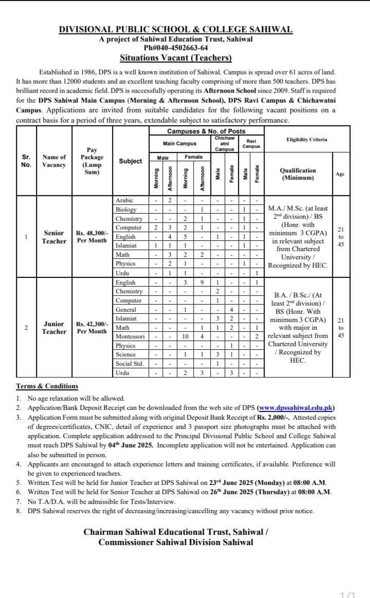 Teaching jobs in Dps Sahiwal