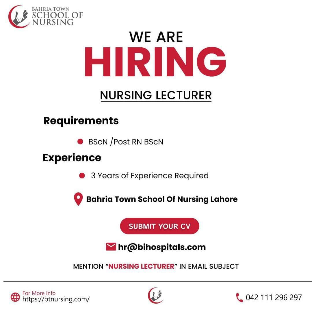 Nursing Lecturer at Bahria Town School Lahore 2025: Apply Now