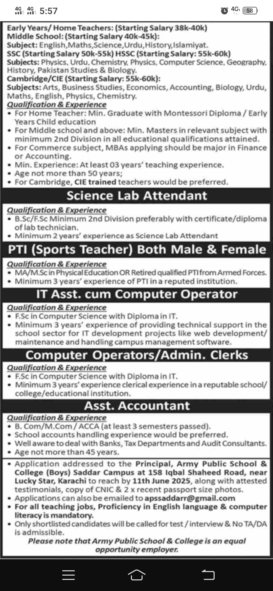 aps and college saddar Karachi Jobs