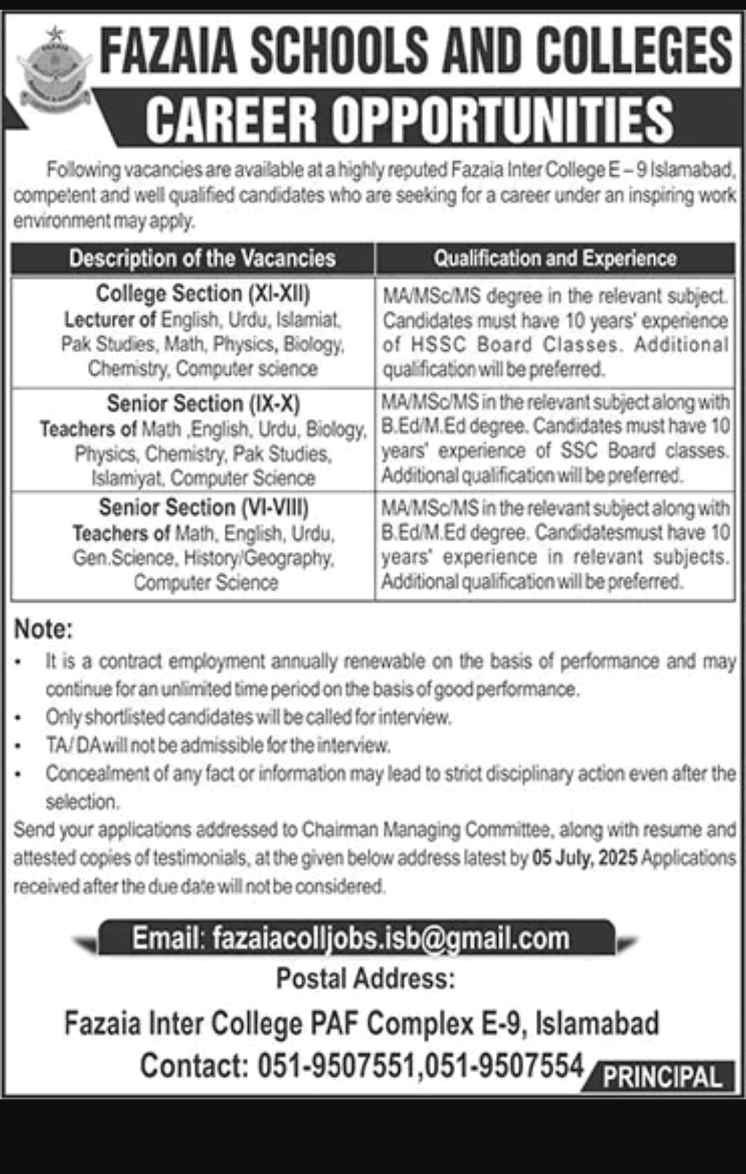 Fazaia Inter College Islamabad Jobs