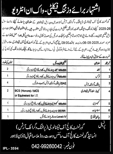 Government College of Technology Lahore Jobs