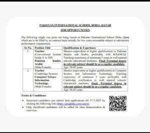 Teaching Jobs in Pakistan International School Doha Qatar