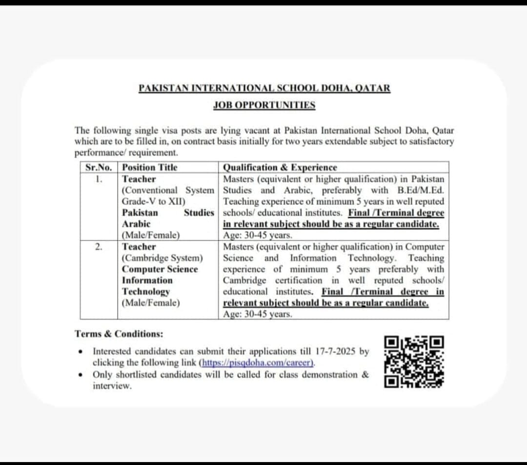 Teaching Jobs in Pakistan International School Doha Qatar
