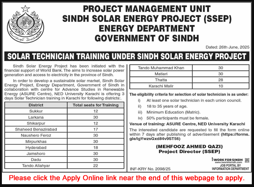 Energy department sindh solar technician free training 2025