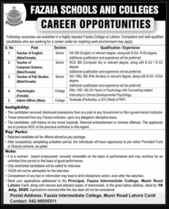 Fazaia Inter College Lahore Jobs