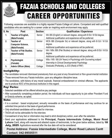 Fazaia Inter College Lahore Jobs