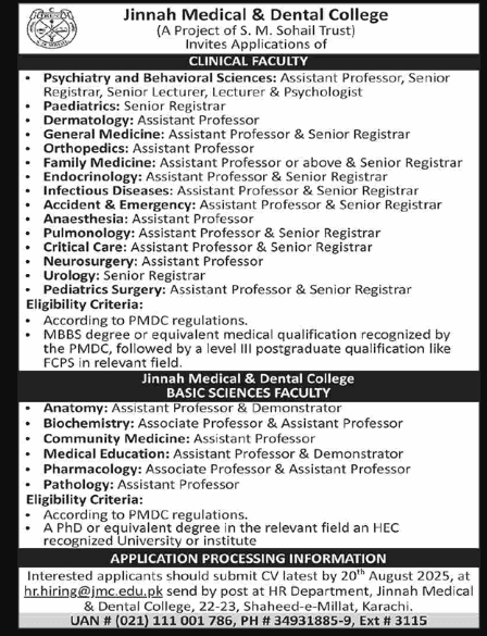 Jinnah Medical and Dental College Karachi Jobs