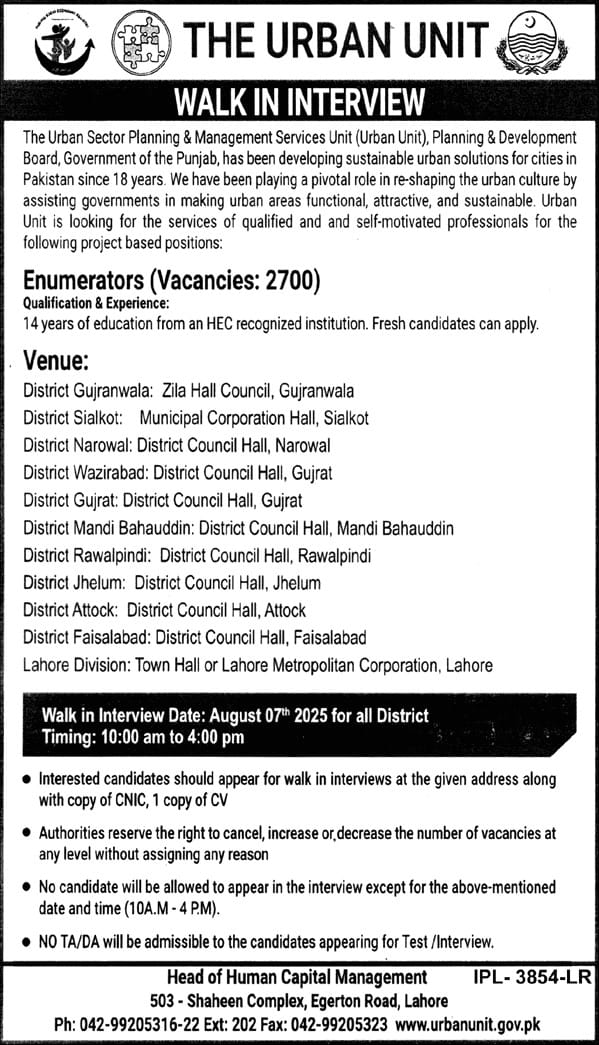 Enumerator Jobs in The Urban Unit